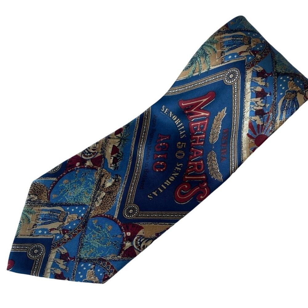 Agio Mehari's Senorita Cigar Men's Silk Tie Blue Red Cigar Box Logo 58x3 1/2"